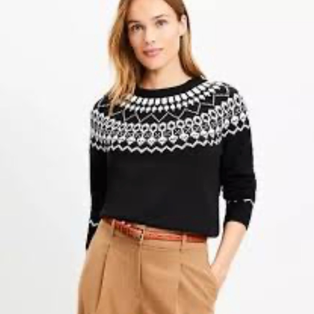 LOFT Black & White Fair Isle Crewneck Apres Ski Sweater Women’s Size Large